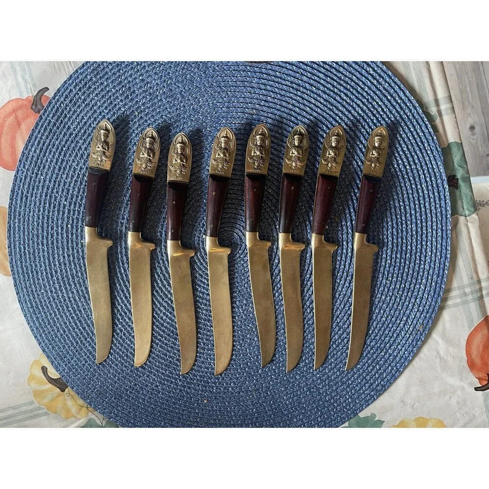 Flatware Set Serving For 8 VTG MCM Mid Century Brass Teak Rosewood Dessert Thai